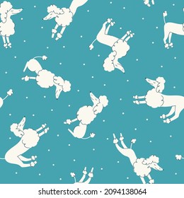 Vector seamless pattern with cartoon  poodles and polka dots on blue background. Hand-drawn animal seamless fabric design. Cute Poodle dog. For textiles, clothing, bed linen, office supplies.