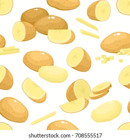 Vector seamless pattern with cartoon potato isolated on white. Bright tasty vegetables. Illustration used for magazine, kitchen textile, greeting cards, menu cover, web pages.