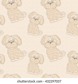 Vector seamless pattern with cartoon puppies in beige tones on a dots background. Eps 10.