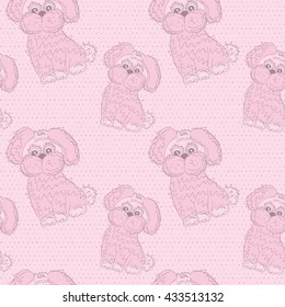 Vector seamless pattern with cartoon puppies in pink tones on a dots background. Eps 10.