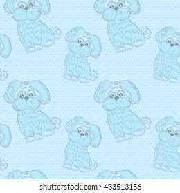 Vector seamless pattern with cartoon puppies in blue tones on a dots background. Eps 10.