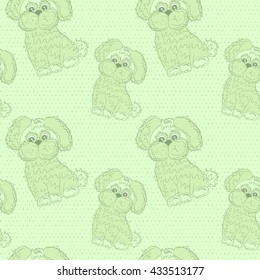 Vector seamless pattern with cartoon puppies in green tones on a dots background. Eps 10.