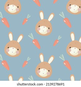 Vector seamless pattern with cartoon rabbits and carrot for Easter and other users. For greeting card, posters, banners, children books, printing on the pack, printing on clothes, wallpaper.