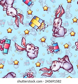 Vector seamless pattern with cartoon rabbits and gift boxes