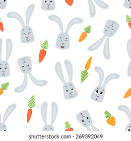 Vector seamless pattern with cartoon rabbits and carrots. Carrots for Easter Bunny. 