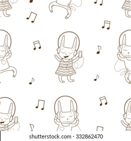 Vector seamless pattern with cartoon rabbits listening to music on white  background.