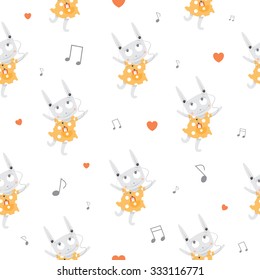 Vector seamless pattern with cartoon rabbits listening to music on white background.