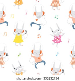 Vector seamless pattern with cartoon rabbits listening to music on white background.