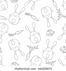 Vector seamless pattern of cartoon rabbits on white background. Baby background design. Line art for textile, print and paper.