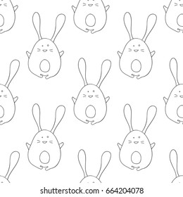 Vector seamless pattern of cartoon rabbits on white background. Baby background design. Line art for textile, print and paper.