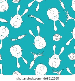Vector seamless pattern of cartoon rabbits on color background. Baby background design. Line art for textile, print and paper.