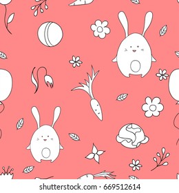 Vector seamless pattern of cartoon rabbits on pink background. Baby background design. Line art for textile, print and paper.