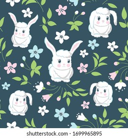 Vector seamless pattern with cartoon rabits and spring flowers on the blue background