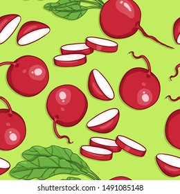 Vector Seamless Pattern of Cartoon Radish on Green Background