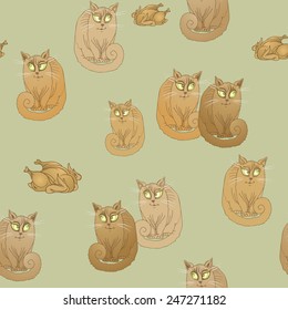 Vector seamless pattern. Cartoon  red  cats sitting   and  fried chickens on olive background