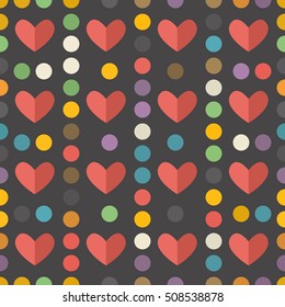 Vector seamless pattern with cartoon red heart and polka dots on a black background