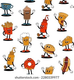 Vector seamless pattern with cartoon retro mascots colored illustrations of walking street food on a white background. Vintage style 30s, 40s, 50s old animation.