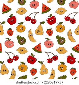 Vector seamless pattern with cartoon retro mascots colored illustrations of fruits and berries on a white background. Vintage style 30s, 40s, 50s old animation.