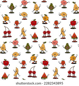 Vector seamless pattern with cartoon retro mascots colored illustrations of walking fruits and berries on a white background. Vintage style 30s, 40s, 50s old animation.