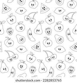 Vector seamless pattern with cartoon retro mascot monochrome illustrations of fruits and berries on a white background. Vintage style 30s, 40s, 50s old animation.