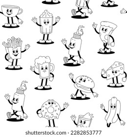 Vector seamless pattern with cartoon retro mascots monochrome illustration walking street food on white background. Vintage style 30s, 40s, 50s old animation.