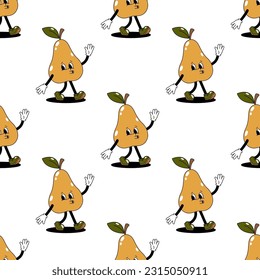 Vector seamless pattern with cartoon retro mascot color illustration of a walking pear on a white background. Vintage style 30s, 40s, 50s old animation.