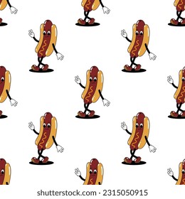 Vector seamless pattern with cartoon retro mascot color illustration of a walking hot dog on a white background. Vintage style 30s, 40s, 50s old animation.