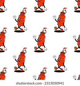 Vector seamless pattern with cartoon retro mascot color illustration of a walking ketchup on a white background. Vintage style 30s, 40s, 50s old animation.