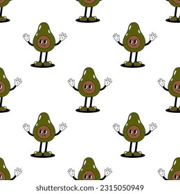 Vector seamless pattern with cartoon retro mascot color illustration of a walking avocado on a white background. Vintage style 30s, 40s, 50s old animation.