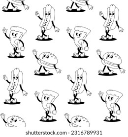Vector seamless pattern with cartoon retro mascots illustrations of walking street food on a white background. Hamburger, hot dog and pizza. Vintage style 30s, 40s, 50s old animation.
