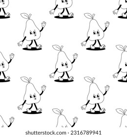 Vector seamless pattern with cartoon retro mascot illustration of a walking pear on a white background. Vintage style 30s, 40s, 50s old animation.
