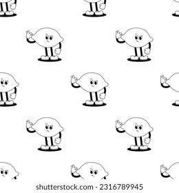 Vector seamless pattern with cartoon retro mascot illustration of a walking lemon on a white background. Vintage style 30s, 40s, 50s old animation.