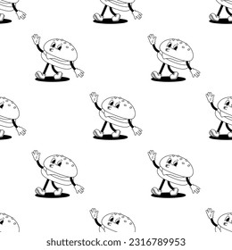 Vector seamless pattern with cartoon retro mascot illustration of a walking hamburger on a white background. Vintage style 30s, 40s, 50s old animation.