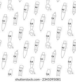 Vector seamless pattern with cartoon retro mascots monochrome illustrations of stationery - pen, pencil, brush and eraser. Vintage style 30s, 40s, 50s old animation.