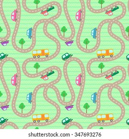 Vector seamless pattern with cartoon roads and cars. Textile/wrapping paper cars pattern. Roads pattern. Travel vector pattern. Childish roads and cars repeating background. Roads and cars vector.
