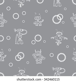 Vector seamless pattern with cartoon robots and gears on  gray background.