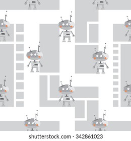 Vector seamless pattern with cartoon robots  on  gray background.