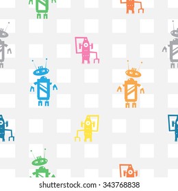 Vector seamless pattern with cartoon robots  on  checkered  background.