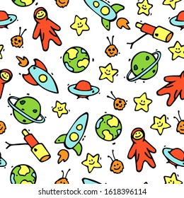 vector seamless pattern with cartoon rockets, stars, telescope, astronaut, aliens on white background. can be used as background, print, textile design, packaging paper.