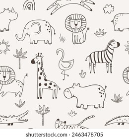 Vector seamless pattern with cartoon safari jungle animals zebra, lion, elephant, crocodile, giraffe, leopard, rhinoceros, hippopotamus.  Outline hand drawn print. Safari animals in doodl style