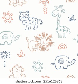 Vector seamless pattern with cartoon safari jungle animals lion, elephant, giraffe, monkey. Hand draw cute animals in sketch style. Doodle style line art.