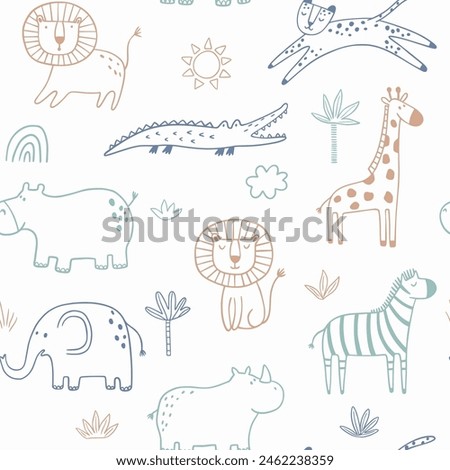 Vector seamless pattern with cartoon safari jungle animals zebra, lion, elephant, crocodile, giraffe, leopard, rhinoceros, hippopotamus. Hand draw cute animals in sketch style. Doodle style line art.