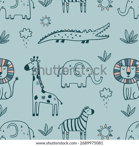 Vector seamless pattern with cartoon safari jungle animals zebra, lion, elephant, crocodile, giraffe, leopard, rhinoceros, hippopotamus. Hand draw cute animals in sketch style. Doodle style line art.
