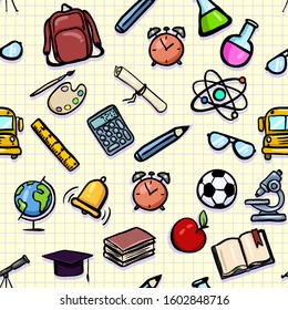 Vector Seamless Pattern of Cartoon School Color Icons on Checkered Paper Background