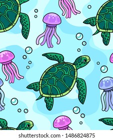 Vector seamless pattern. Cartoon sea turtle and jellyfishes under water