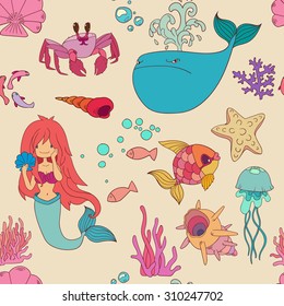 vector seamless pattern with cartoon Sea icons, hand drawn illustration with shell, jellyfish, whale, mermaid, starfish and seaweed