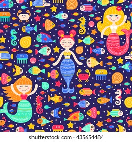 Vector seamless pattern with cartoon sea inhabitants. Flat mermaid girls, fish, crab, seahorse, sea-star, shell, jellyfish and bubbles. Cute fantasy background for kids. Bright colors.