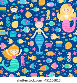 Vector seamless pattern with cartoon sea inhabitants. Flat mermaid girls, fish, crab, seahorse, sea-star, shell, jellyfish and bubbles. Cute fantasy background for kids. Bright colors.