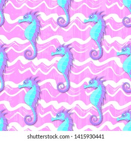 Vector seamless pattern with cartoon seahorse on the pink background with wavy white brush strokes. Summer texture with cute character.