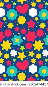 Vector seamless pattern with cartoon shapes, stars, hearts, circles, flowers